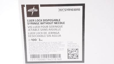 Medline SYR103010 3ml Luer Lock Disposable Syringe w/o Ndle - Box of 100
